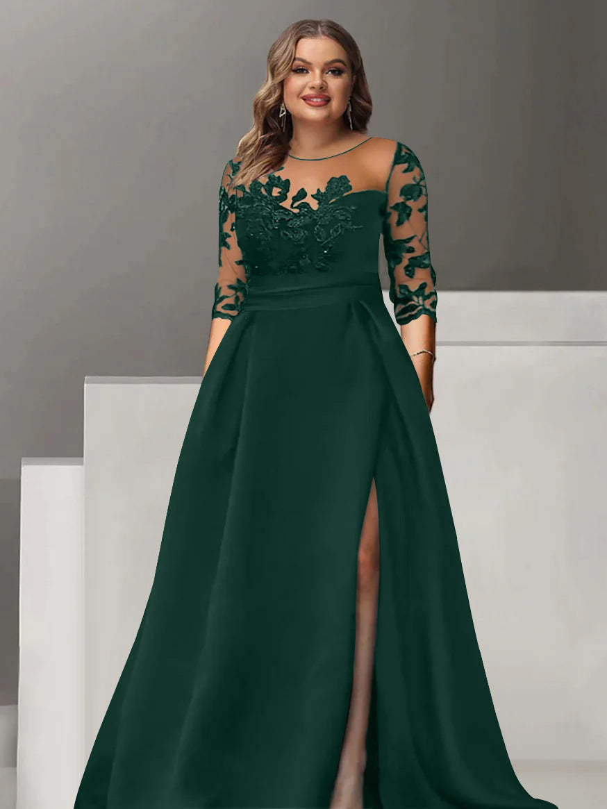 Sweetheart A-Line Princess Floor-Length Plus Size Mother of the Bride Dress with 3/4 Sleeves Lace & Side Split-BMbridal