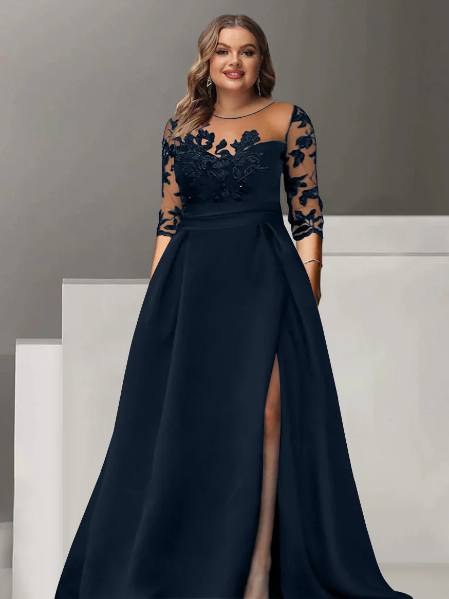 Sweetheart A-Line Princess Floor-Length Plus Size Mother of the Bride Dress with 3/4 Sleeves Lace & Side Split-BMbridal