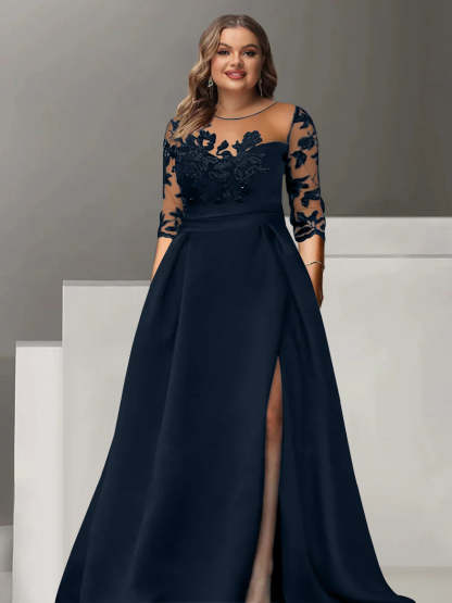 Sweetheart A-Line Princess Floor-Length Plus Size Mother of the Bride Dress with 3/4 Sleeves Lace & Side Split-BMbridal