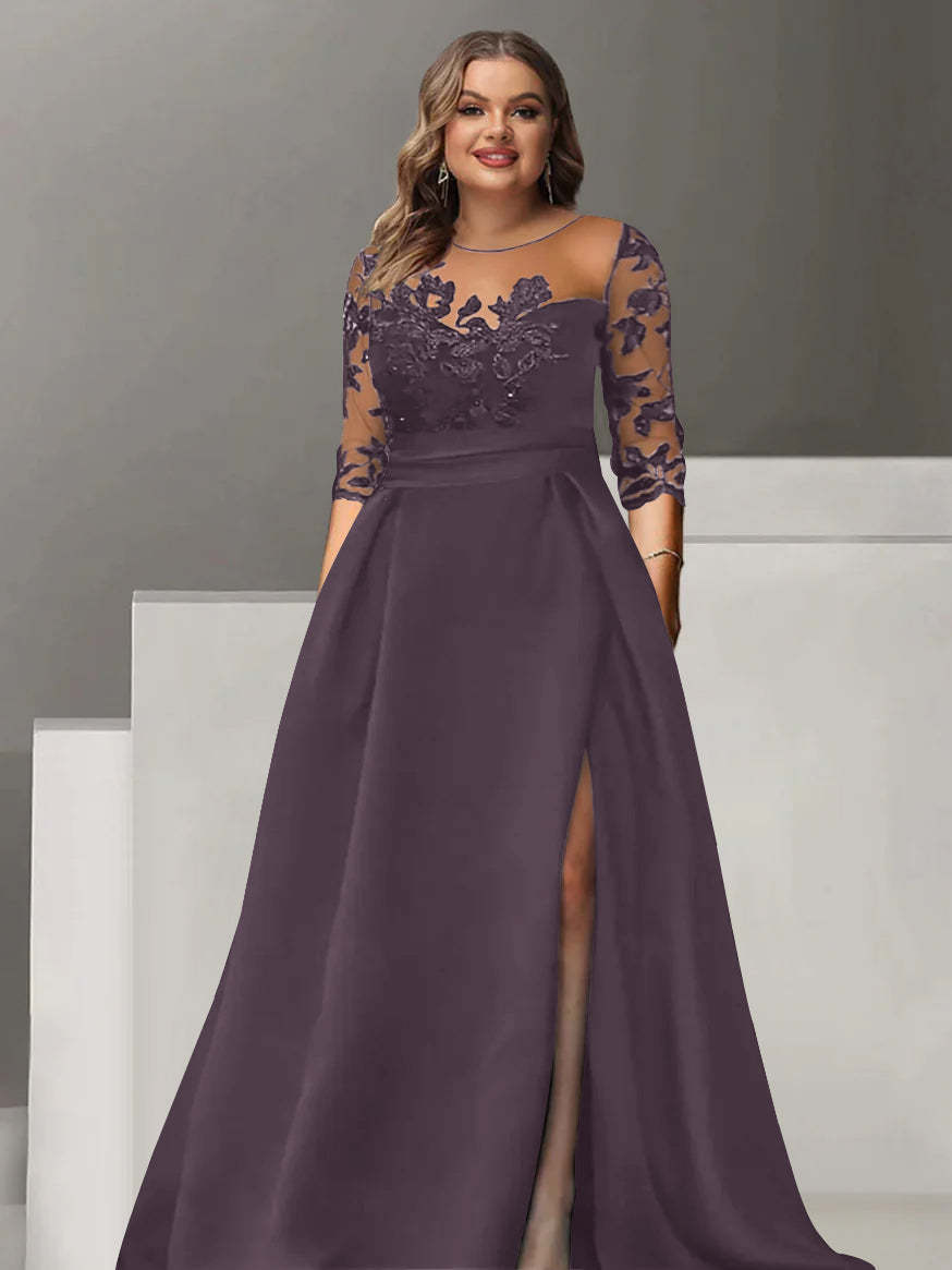 Sweetheart A-Line Princess Floor-Length Plus Size Mother of the Bride Dress with 3/4 Sleeves Lace & Side Split-BMbridal