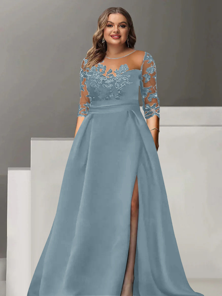 Sweetheart A-Line Princess Floor-Length Plus Size Mother of the Bride Dress with 3/4 Sleeves Lace & Side Split-BMbridal