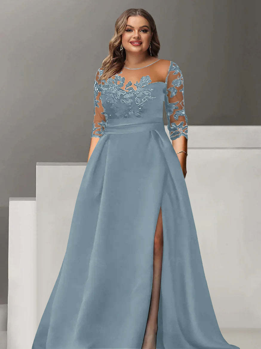 Sweetheart A-Line Princess Floor-Length Plus Size Mother of the Bride Dress with 3/4 Sleeves Lace & Side Split-BMbridal