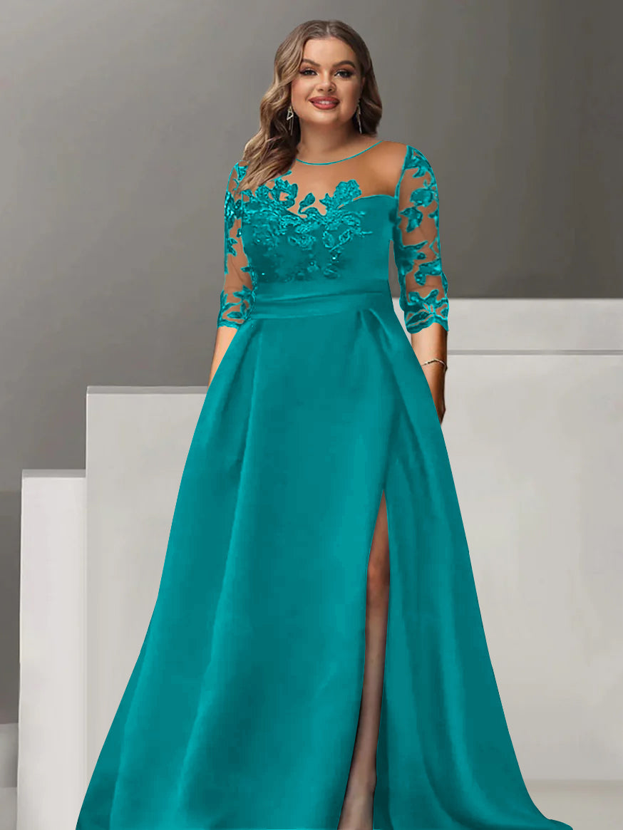 Sweetheart A-Line Princess Floor-Length Plus Size Mother of the Bride Dress with 3/4 Sleeves Lace & Side Split-BMbridal