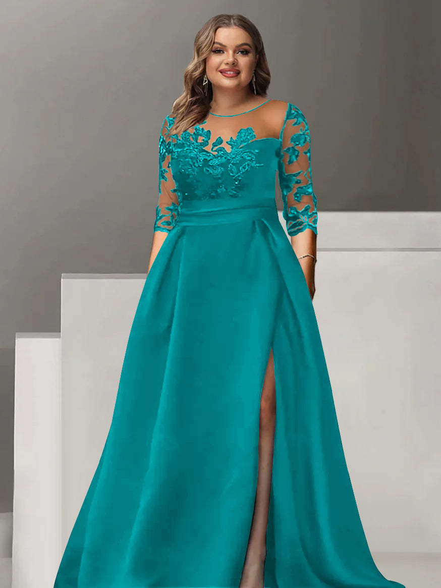 Sweetheart A-Line Princess Floor-Length Plus Size Mother of the Bride Dress with 3/4 Sleeves Lace & Side Split-BMbridal