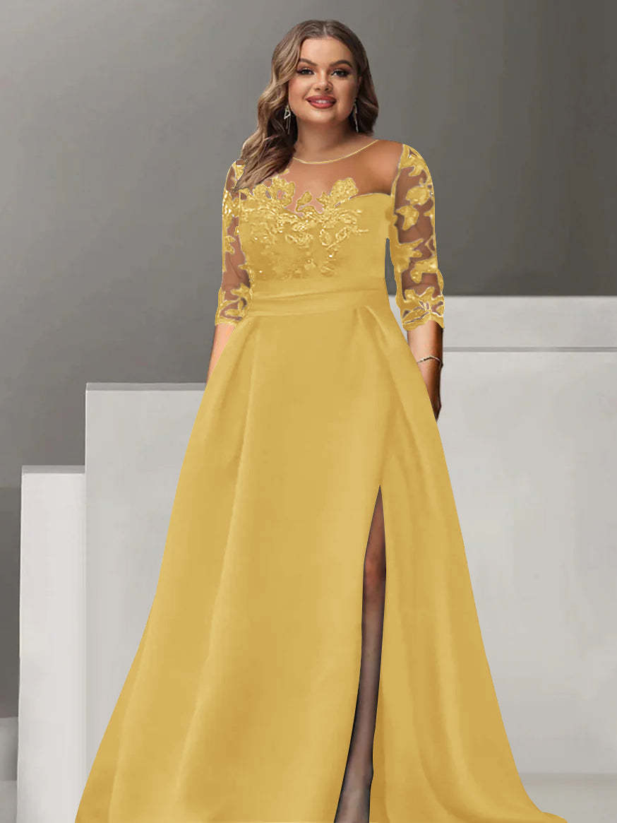 Sweetheart A-Line Princess Floor-Length Plus Size Mother of the Bride Dress with 3/4 Sleeves Lace & Side Split-BMbridal