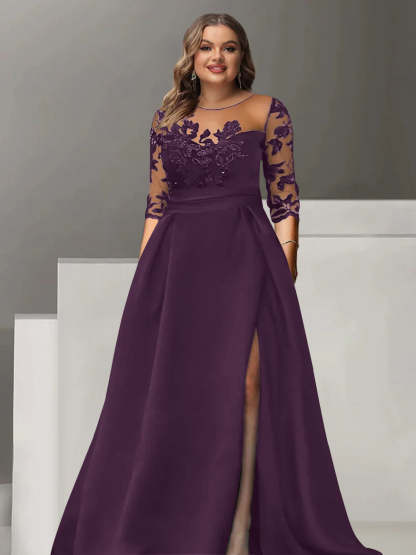 Sweetheart A-Line Princess Floor-Length Plus Size Mother of the Bride Dress with 3/4 Sleeves Lace & Side Split-BMbridal