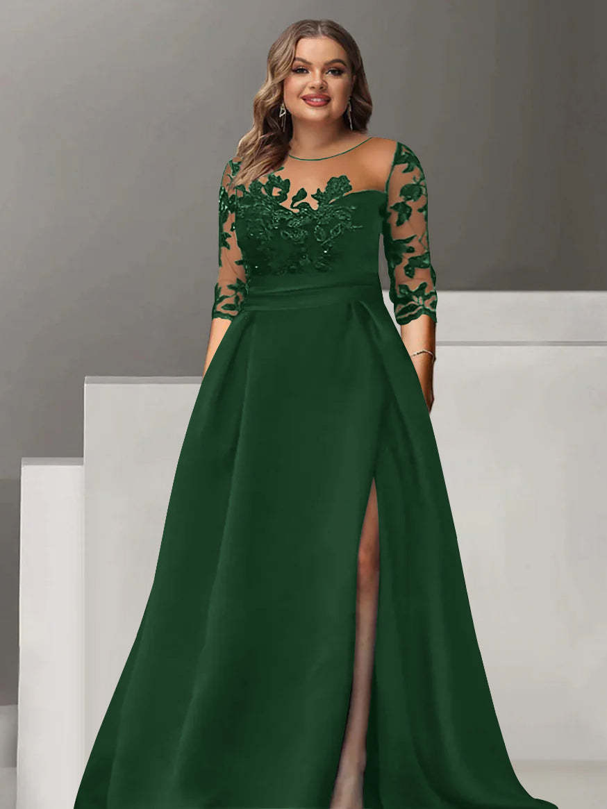 Sweetheart A-Line Princess Floor-Length Plus Size Mother of the Bride Dress with 3/4 Sleeves Lace & Side Split-BMbridal