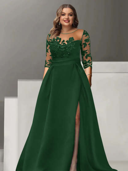 Sweetheart A-Line Princess Floor-Length Plus Size Mother of the Bride Dress with 3/4 Sleeves Lace & Side Split-BMbridal