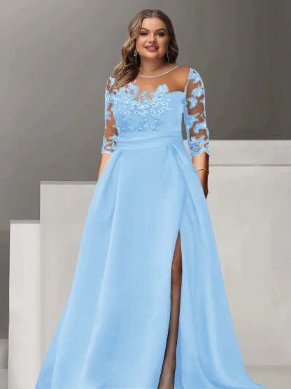 Sweetheart A-Line Princess Floor-Length Plus Size Mother of the Bride Dress with 3/4 Sleeves Lace & Side Split-BMbridal
