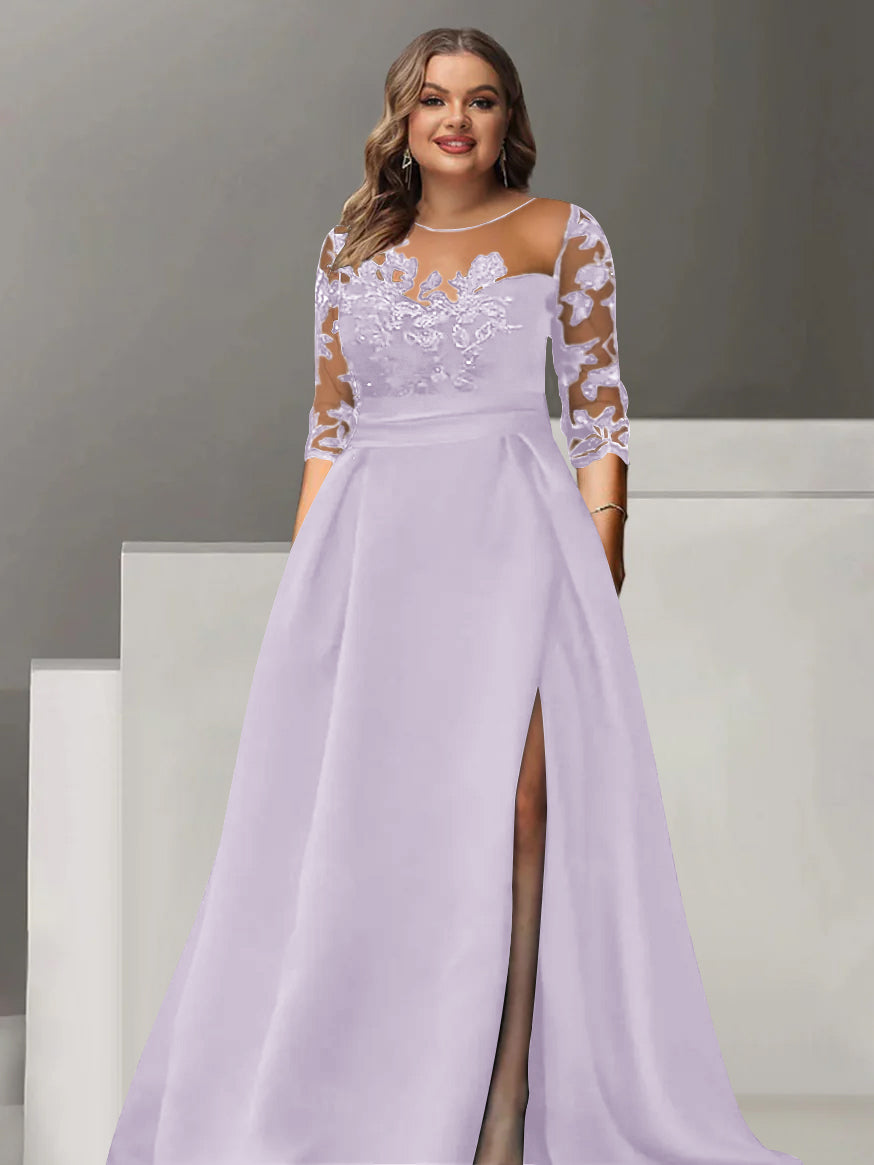 Sweetheart A-Line Princess Floor-Length Plus Size Mother of the Bride Dress with 3/4 Sleeves Lace & Side Split-BMbridal