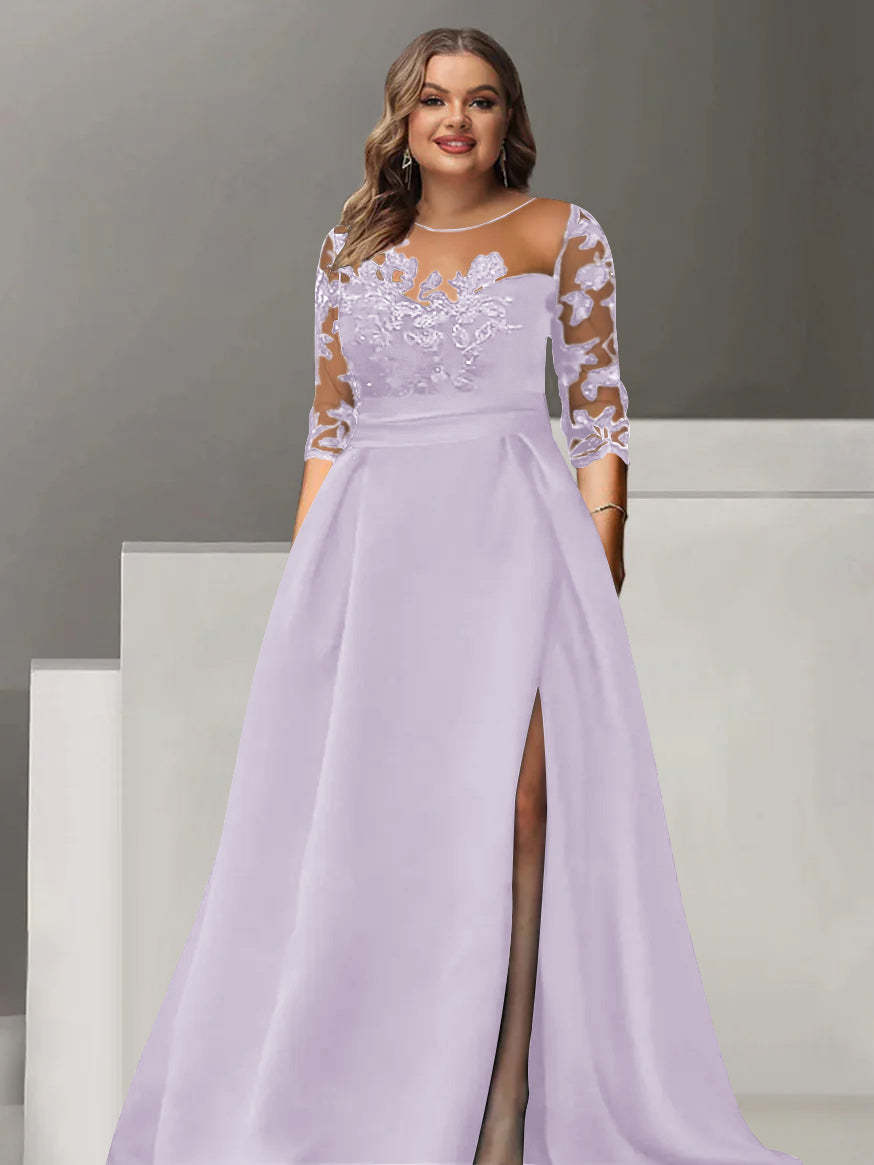Sweetheart A-Line Princess Floor-Length Plus Size Mother of the Bride Dress with 3/4 Sleeves Lace & Side Split-BMbridal