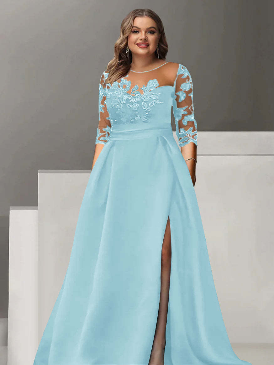 Sweetheart A-Line Princess Floor-Length Plus Size Mother of the Bride Dress with 3/4 Sleeves Lace & Side Split-BMbridal