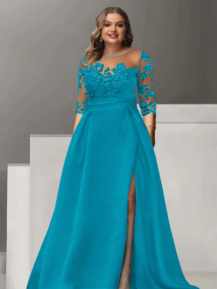 Sweetheart A-Line Princess Floor-Length Plus Size Mother of the Bride Dress with 3/4 Sleeves Lace & Side Split-BMbridal