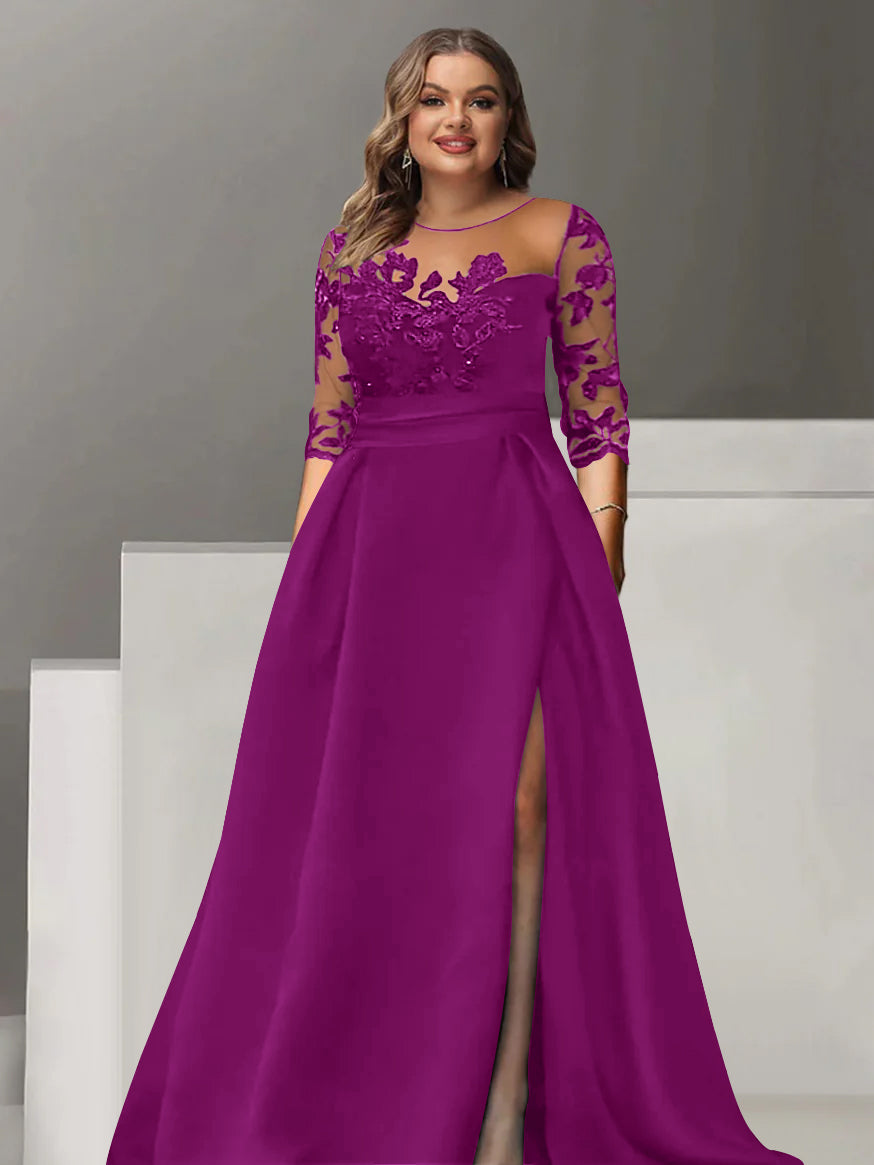 Sweetheart A-Line Princess Floor-Length Plus Size Mother of the Bride Dress with 3/4 Sleeves Lace & Side Split-BMbridal
