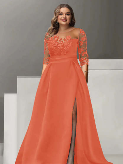 Sweetheart A-Line Princess Floor-Length Plus Size Mother of the Bride Dress with 3/4 Sleeves Lace & Side Split-BMbridal
