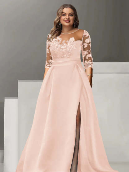 Sweetheart A-Line Princess Floor-Length Plus Size Mother of the Bride Dress with 3/4 Sleeves Lace & Side Split-BMbridal