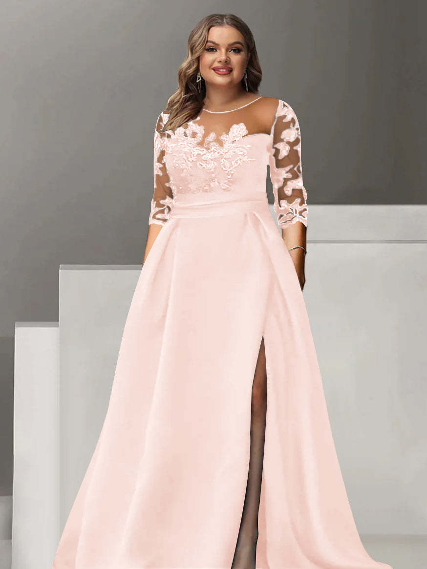 Sweetheart A-Line Princess Floor-Length Plus Size Mother of the Bride Dress with 3/4 Sleeves Lace & Side Split-BMbridal