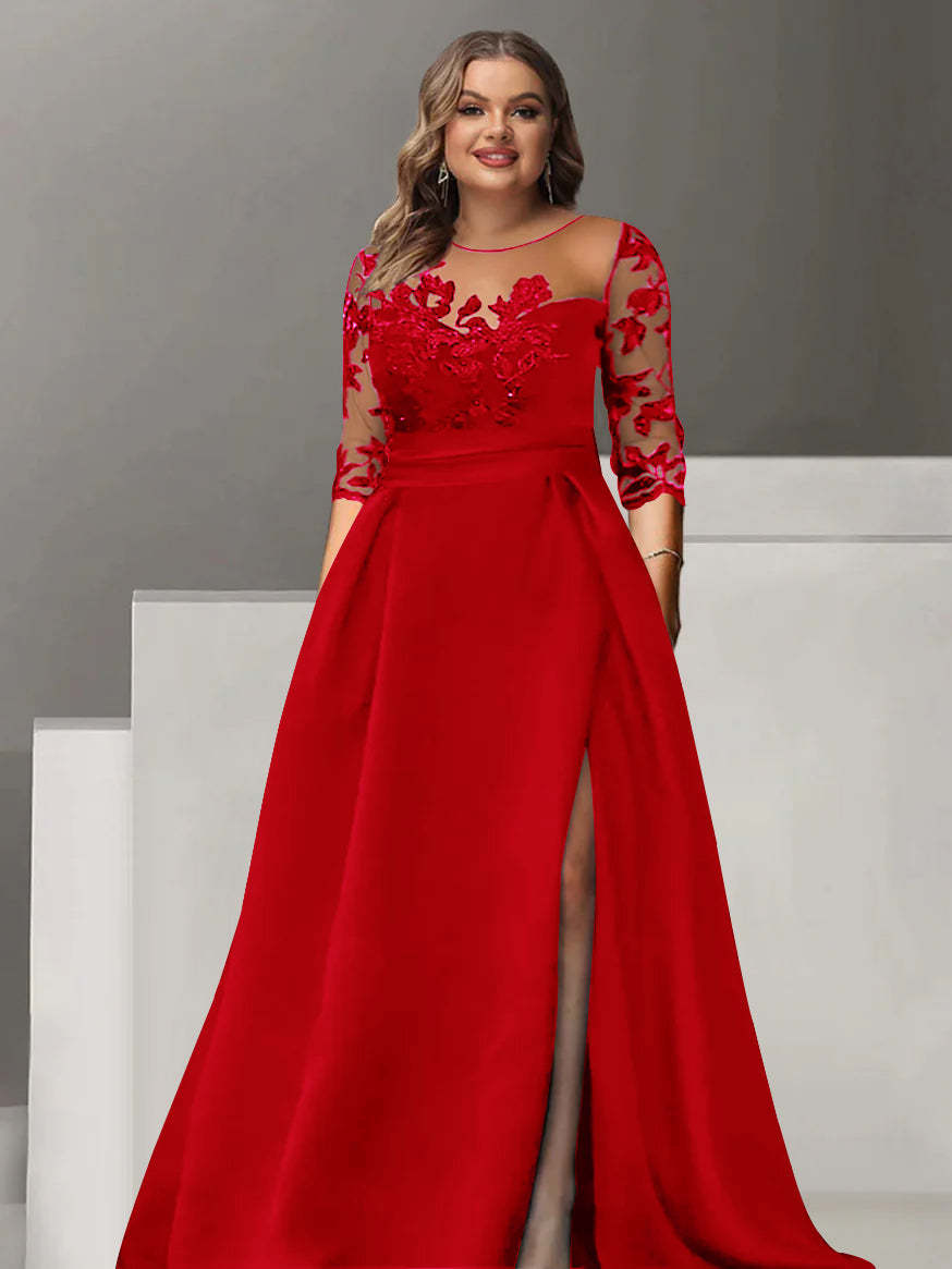 Sweetheart A-Line Princess Floor-Length Plus Size Mother of the Bride Dress with 3/4 Sleeves Lace & Side Split-BMbridal