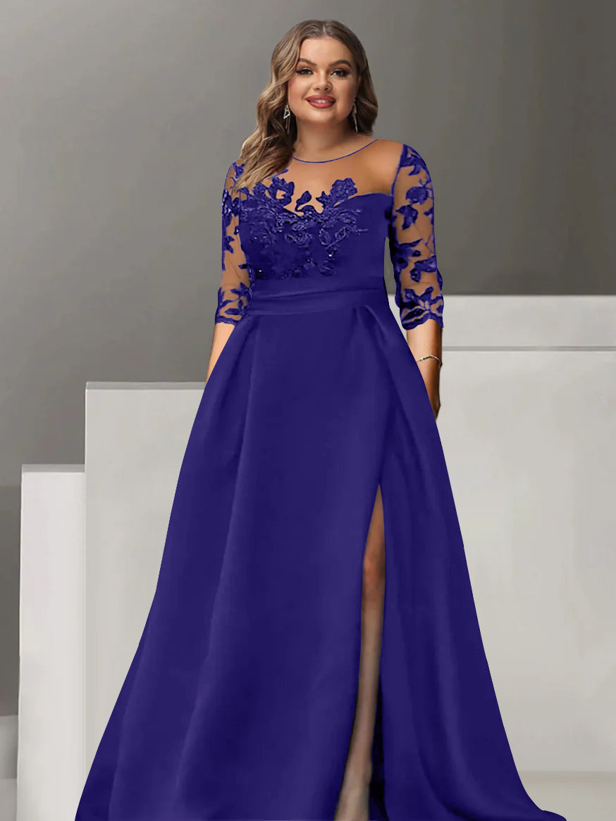 Sweetheart A-Line Princess Floor-Length Plus Size Mother of the Bride Dress with 3/4 Sleeves Lace & Side Split-BMbridal