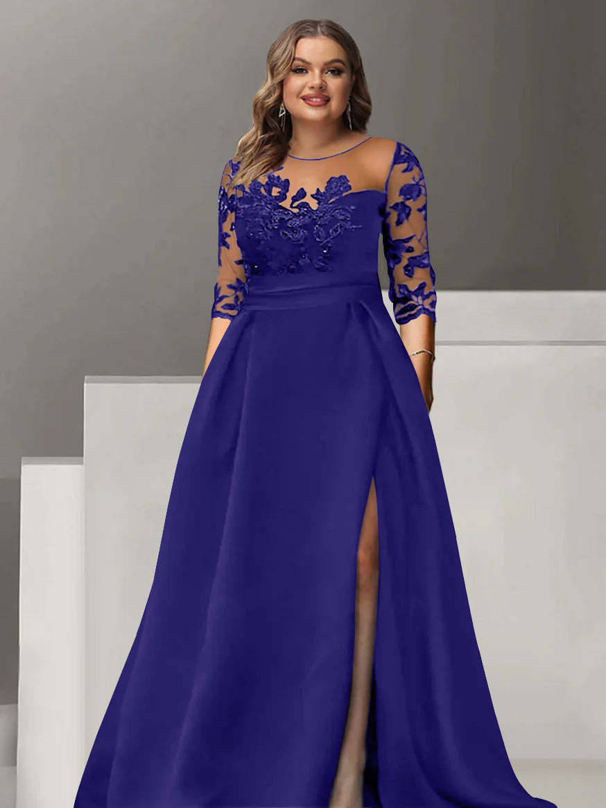 Sweetheart A-Line Princess Floor-Length Plus Size Mother of the Bride Dress with 3/4 Sleeves Lace & Side Split-BMbridal