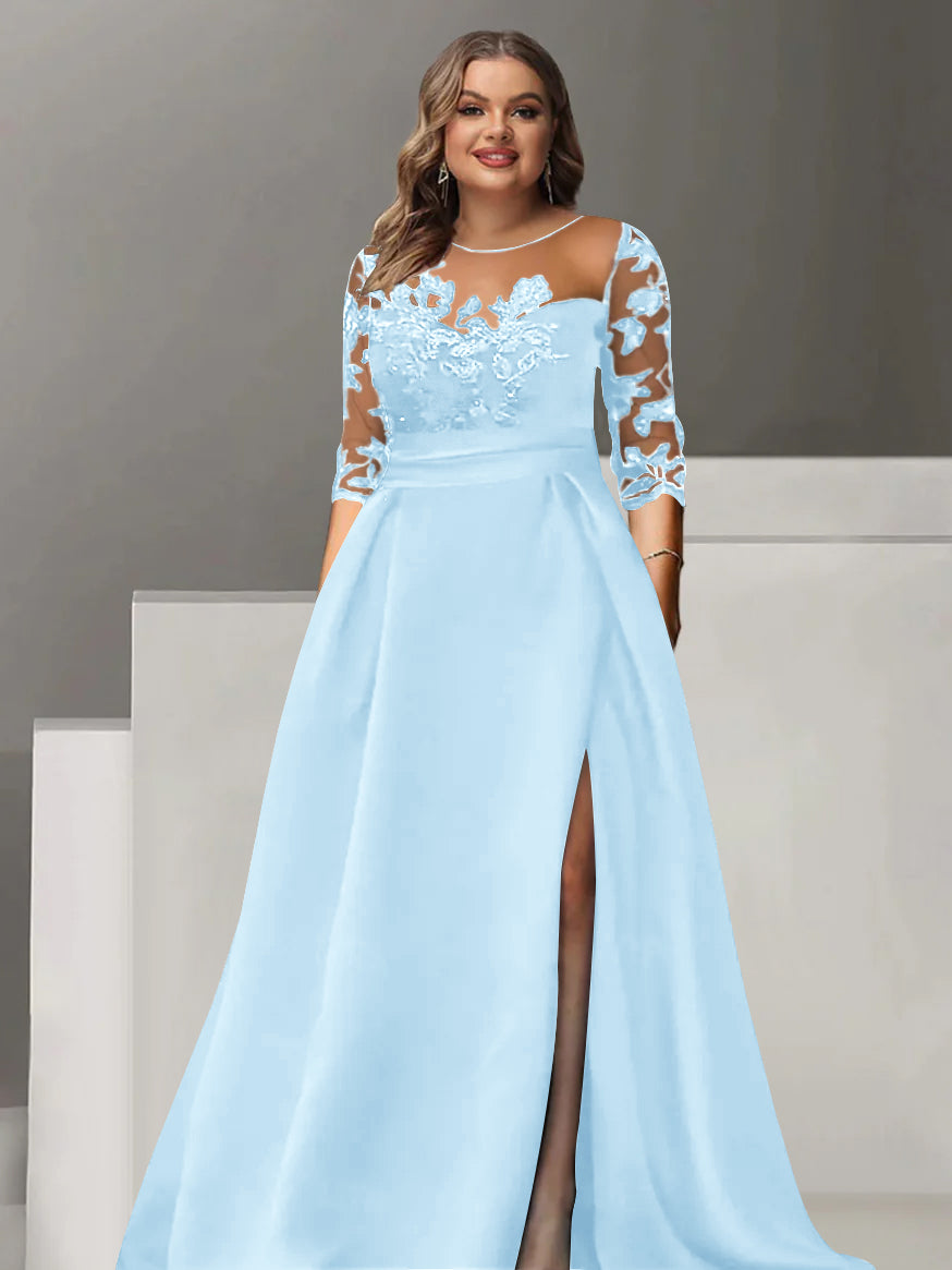 Sweetheart A-Line Princess Floor-Length Plus Size Mother of the Bride Dress with 3/4 Sleeves Lace & Side Split-BMbridal