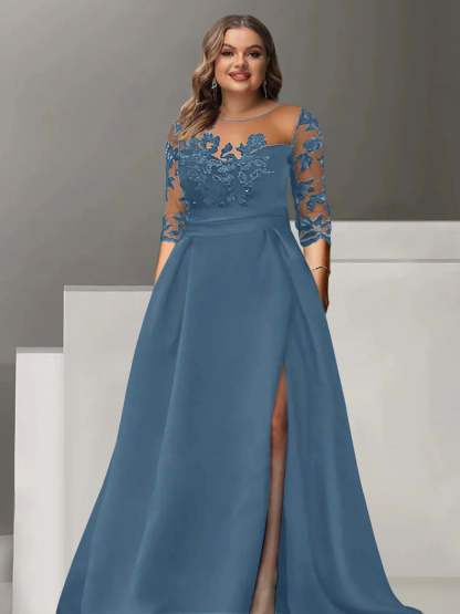 Sweetheart A-Line Princess Floor-Length Plus Size Mother of the Bride Dress with 3/4 Sleeves Lace & Side Split-BMbridal