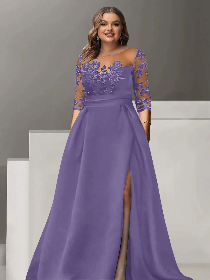 Sweetheart A-Line Princess Floor-Length Plus Size Mother of the Bride Dress with 3/4 Sleeves Lace & Side Split-BMbridal