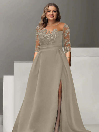 Sweetheart A-Line Princess Floor-Length Plus Size Mother of the Bride Dress with 3/4 Sleeves Lace & Side Split-BMbridal