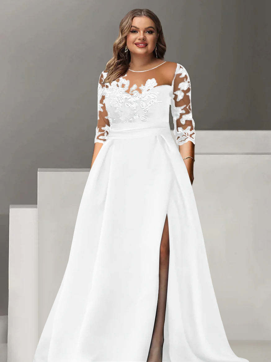 Sweetheart A-Line Princess Floor-Length Plus Size Mother of the Bride Dress with 3/4 Sleeves Lace & Side Split-BMbridal
