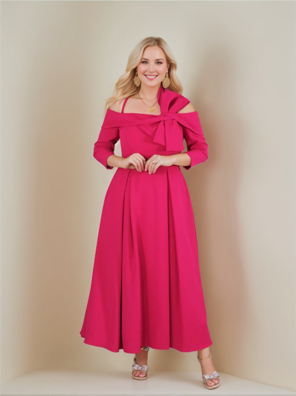 Off-the-Shoulder A-Line/Princess Ankle-Length Mother of the Bride Dress with Bow(s) and 3/4 Sleeves-BMbridal