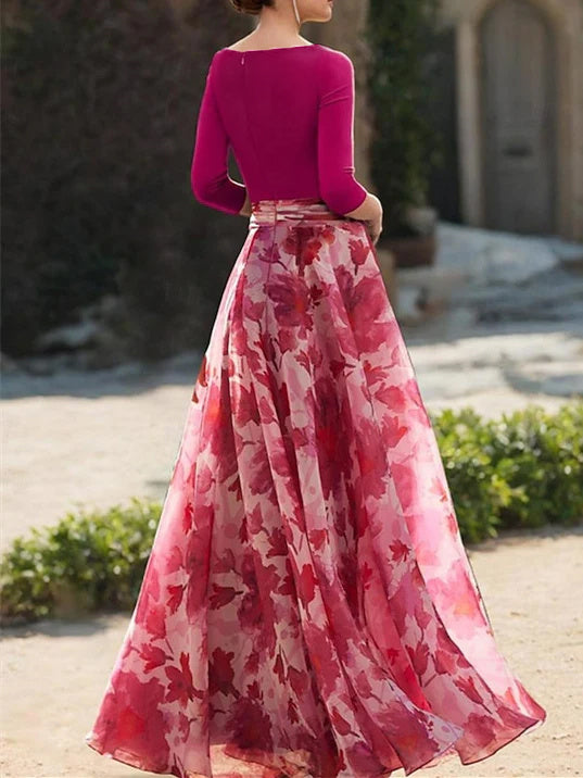 Floral Mother of the Bride Dress with V Neck and 3/4 Sleeves in A-Line/Princess Style-BMbridal