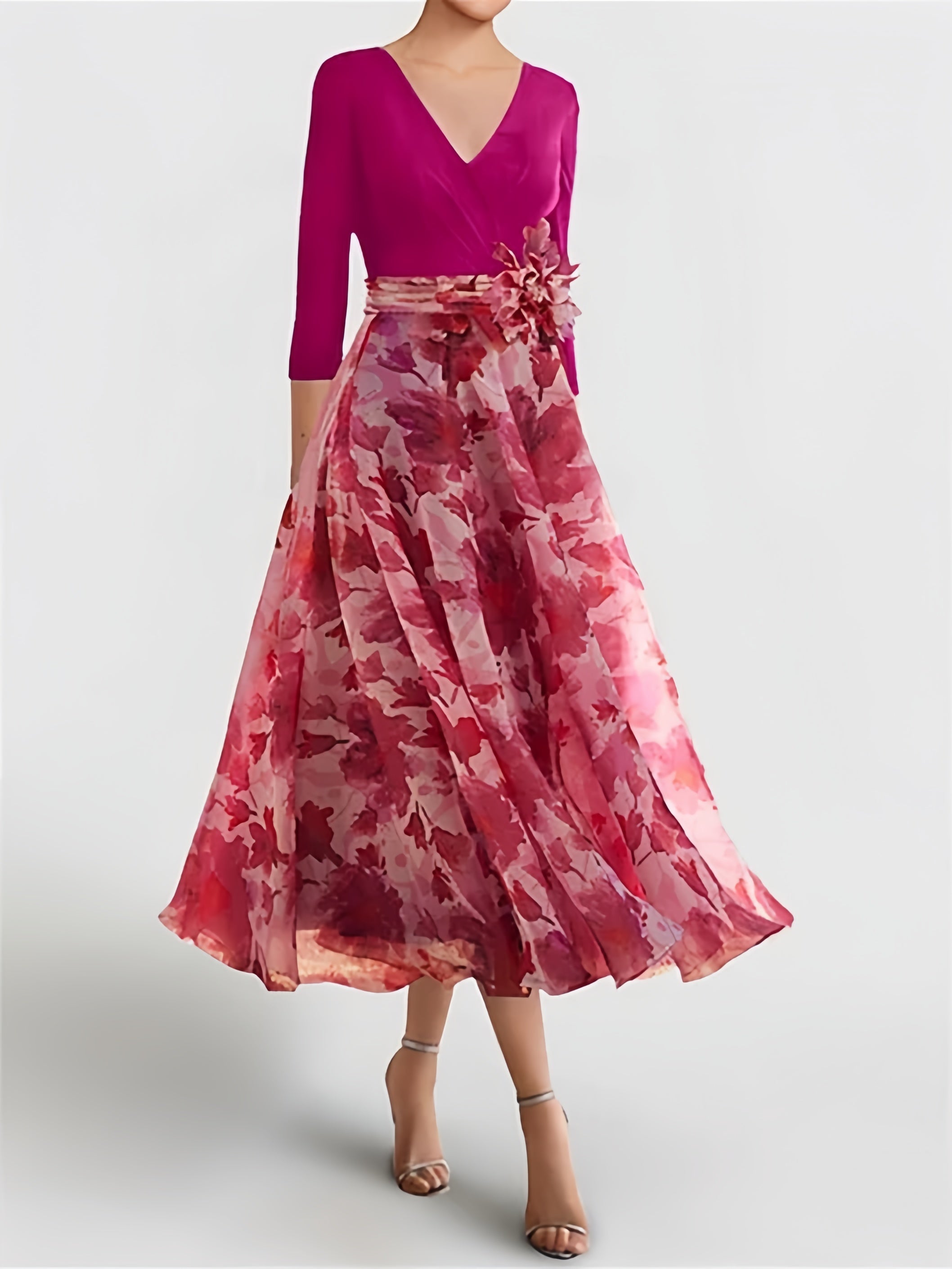 Princess A-Line V-Neck Floral Mother of the Bride Dress with 3/4 Sleeves and Ankle Length-BMbridal