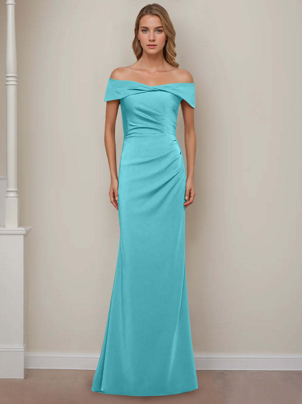 Off-the-Shoulder Short Sleeve Floor-Length Mother of the Bride Dress with Ruffles in Sheath/Column Style-BMbridal