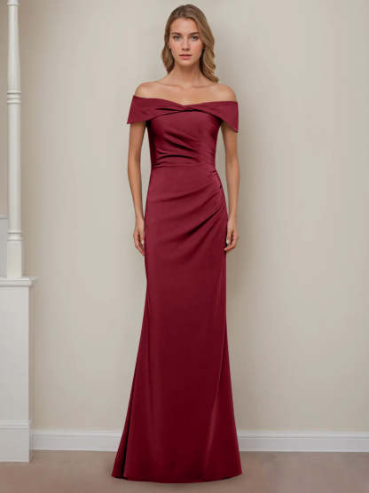 Off-the-Shoulder Short Sleeve Floor-Length Mother of the Bride Dress with Ruffles in Sheath/Column Style-BMbridal