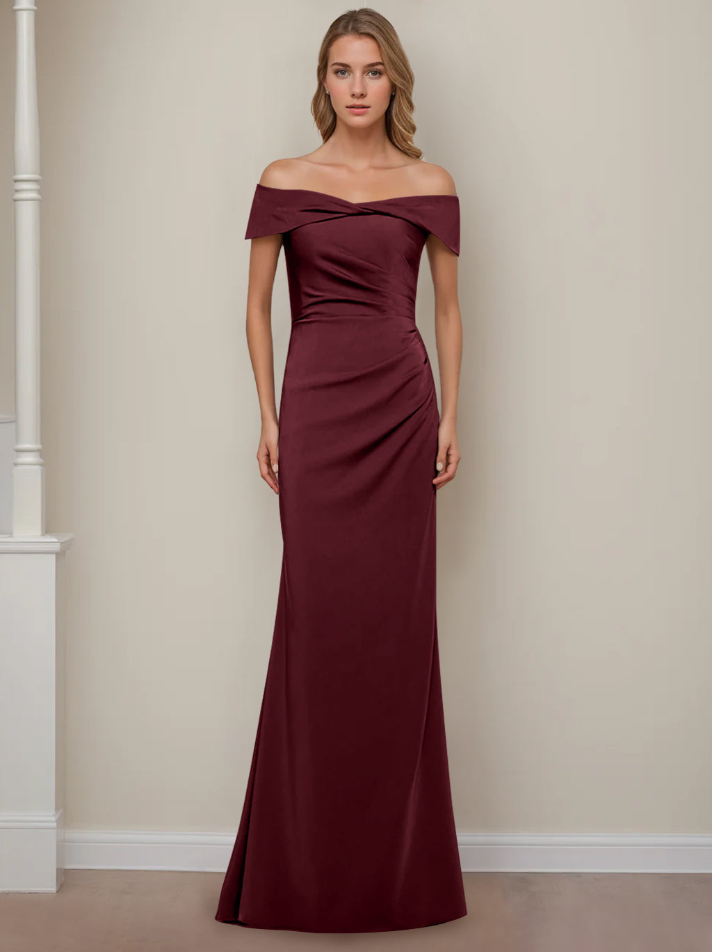 Off-the-Shoulder Short Sleeve Floor-Length Mother of the Bride Dress with Ruffles in Sheath/Column Style-BMbridal