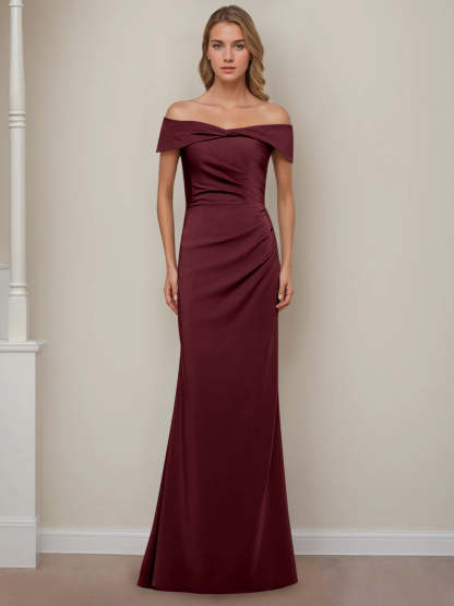 Off-the-Shoulder Short Sleeve Floor-Length Mother of the Bride Dress with Ruffles in Sheath/Column Style-BMbridal