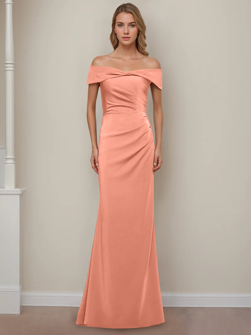 Off-the-Shoulder Short Sleeve Floor-Length Mother of the Bride Dress with Ruffles in Sheath/Column Style-BMbridal
