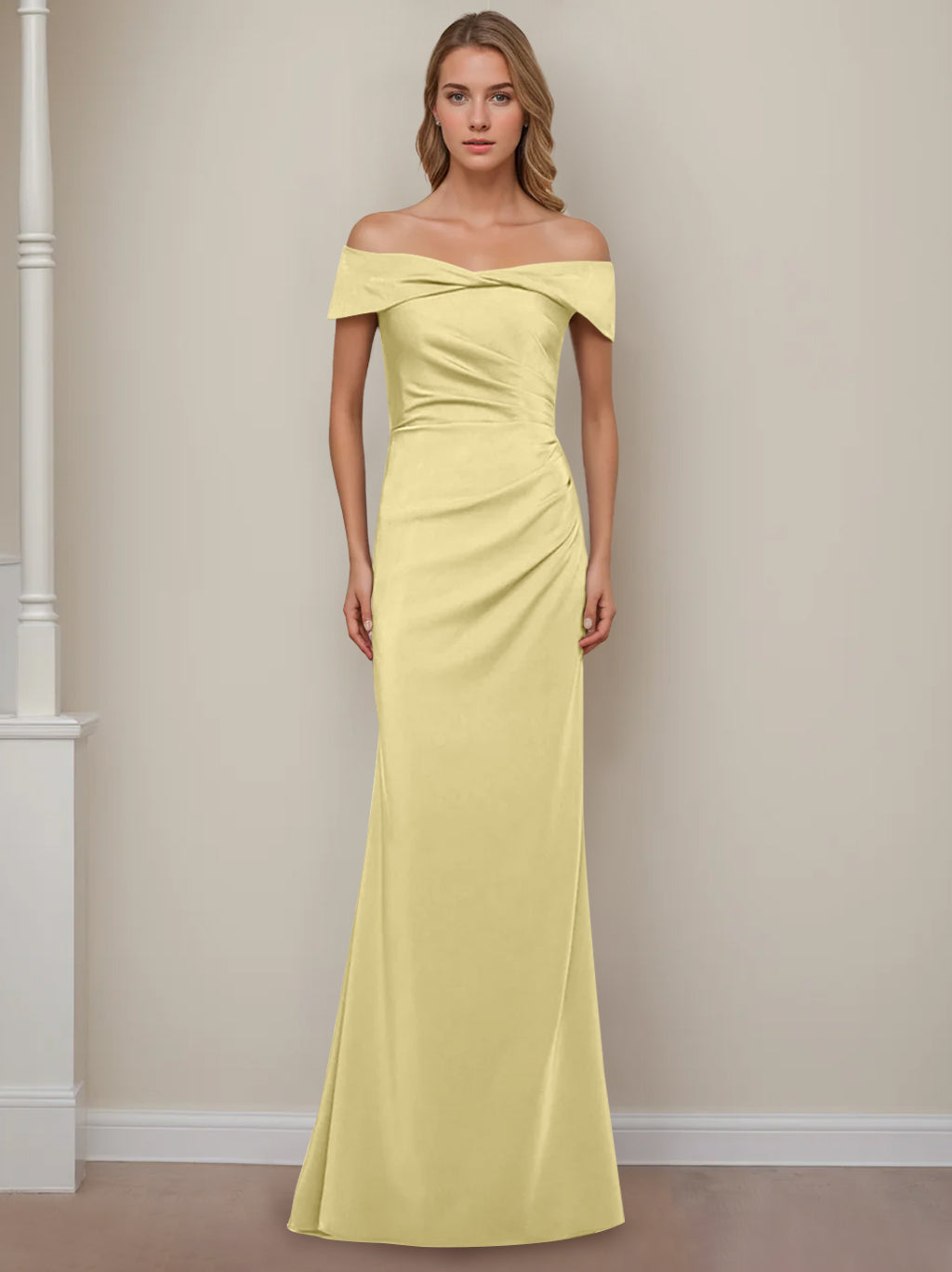 Off-the-Shoulder Short Sleeve Floor-Length Mother of the Bride Dress with Ruffles in Sheath/Column Style-BMbridal