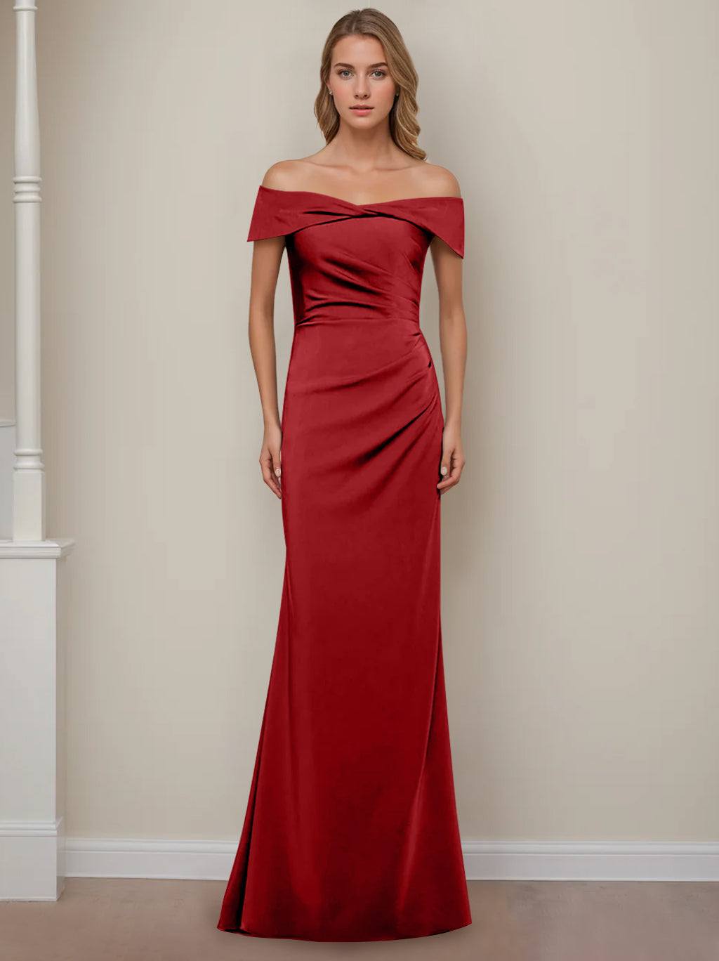 Off-the-Shoulder Short Sleeve Floor-Length Mother of the Bride Dress with Ruffles in Sheath/Column Style-BMbridal