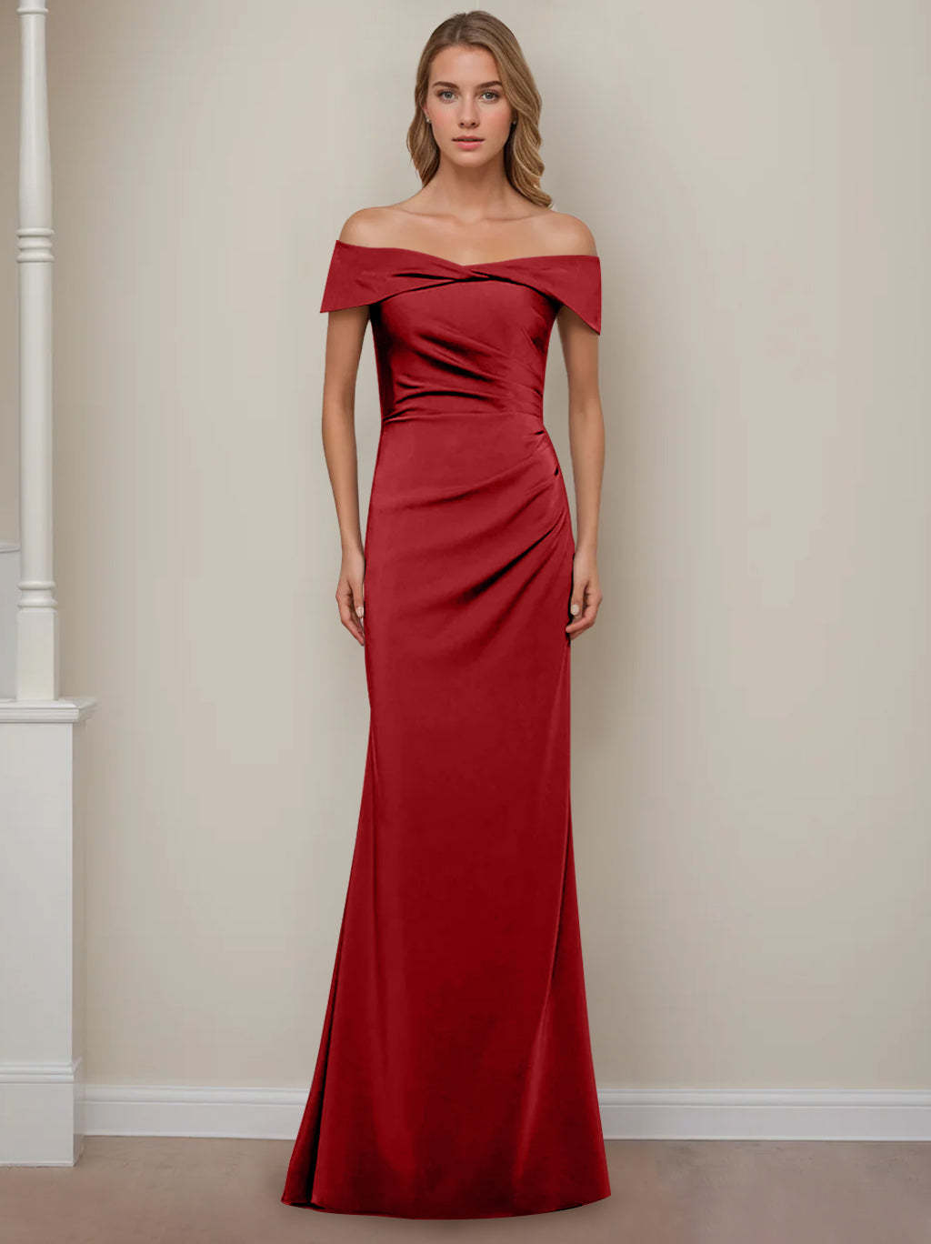 Off-the-Shoulder Short Sleeve Floor-Length Mother of the Bride Dress with Ruffles in Sheath/Column Style-BMbridal