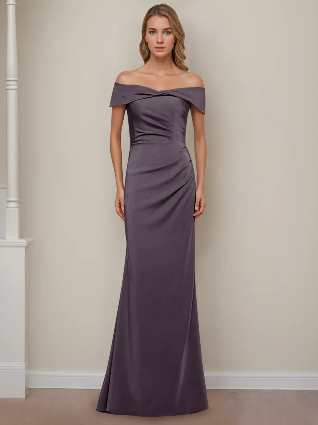 Off-the-Shoulder Short Sleeve Floor-Length Mother of the Bride Dress with Ruffles in Sheath/Column Style-BMbridal