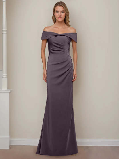 Off-the-Shoulder Short Sleeve Floor-Length Mother of the Bride Dress with Ruffles in Sheath/Column Style-BMbridal