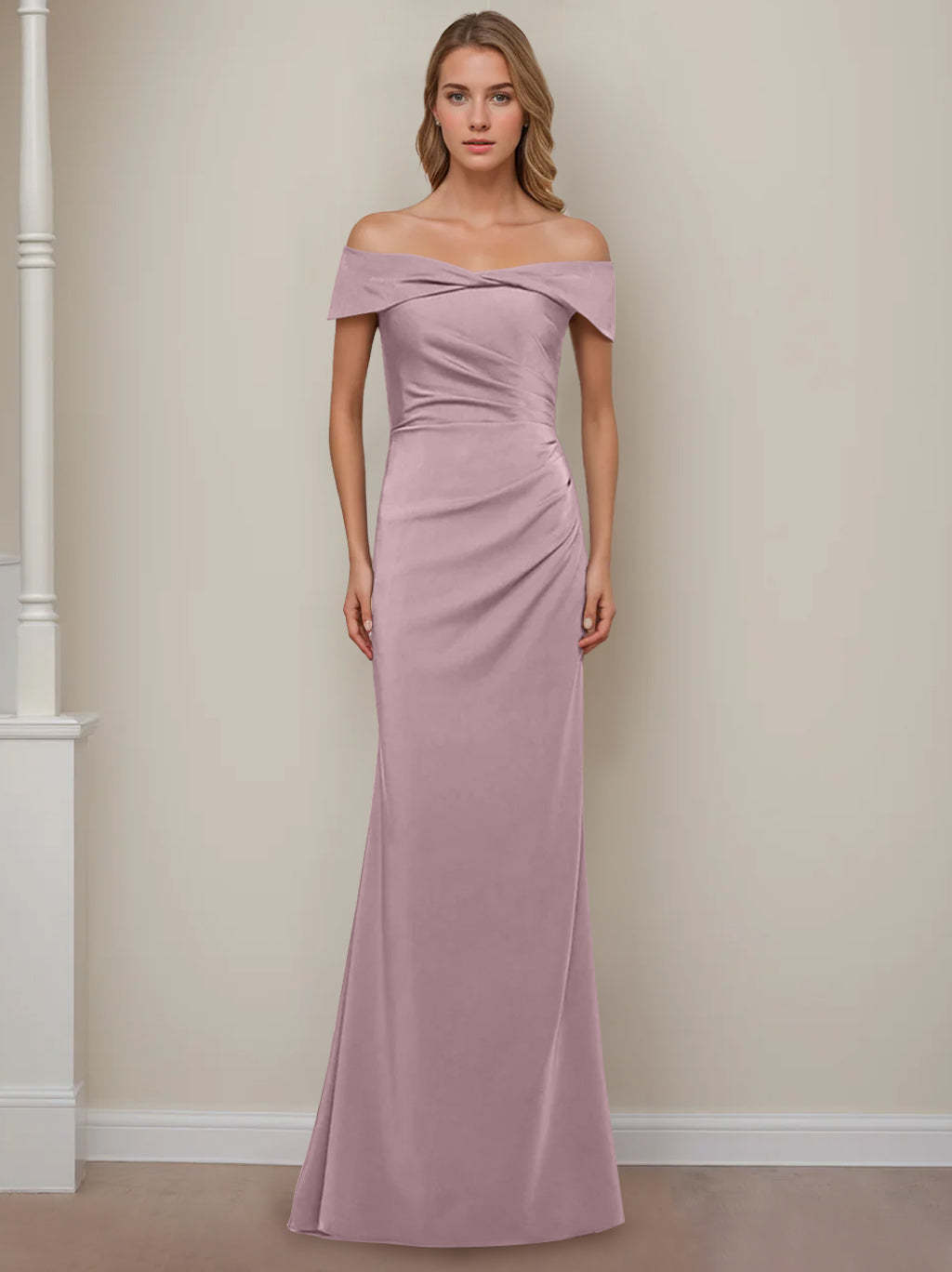 Off-the-Shoulder Short Sleeve Floor-Length Mother of the Bride Dress with Ruffles in Sheath/Column Style-BMbridal