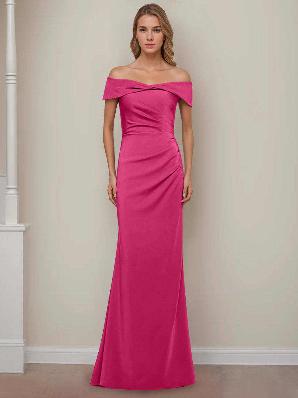 Off-the-Shoulder Short Sleeve Floor-Length Mother of the Bride Dress with Ruffles in Sheath/Column Style-BMbridal