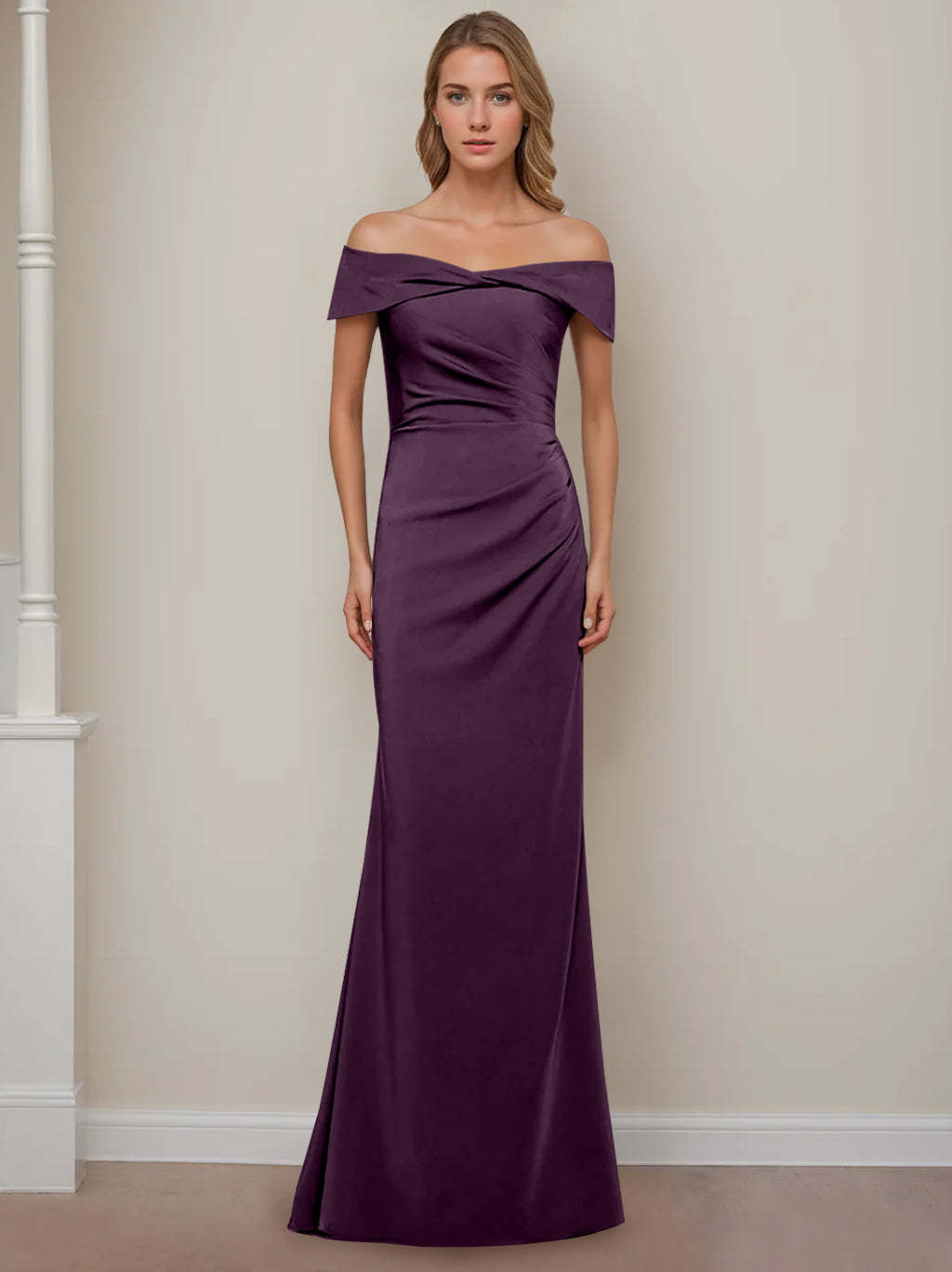 Off-the-Shoulder Short Sleeve Floor-Length Mother of the Bride Dress with Ruffles in Sheath/Column Style-BMbridal