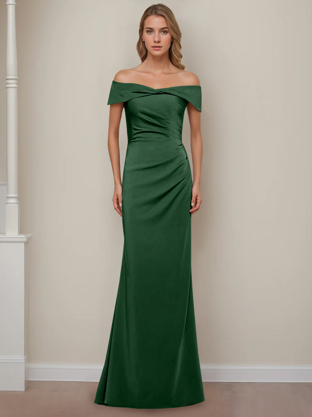 Off-the-Shoulder Short Sleeve Floor-Length Mother of the Bride Dress with Ruffles in Sheath/Column Style-BMbridal