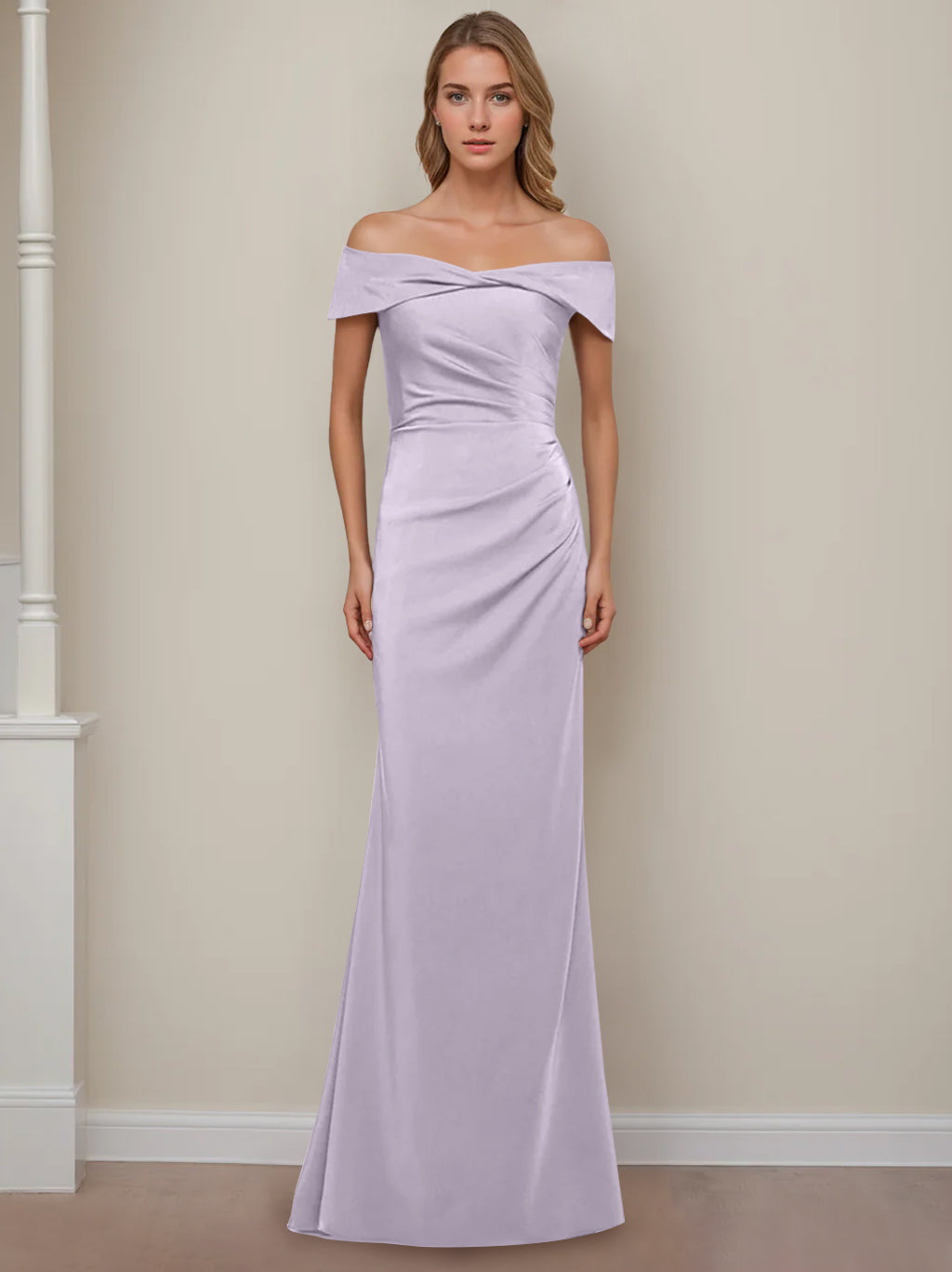 Off-the-Shoulder Short Sleeve Floor-Length Mother of the Bride Dress with Ruffles in Sheath/Column Style-BMbridal