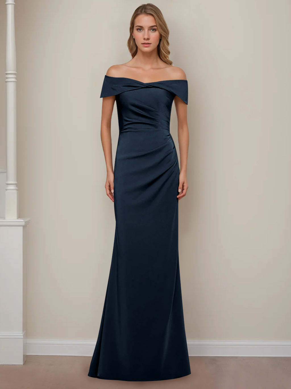 Off-the-Shoulder Short Sleeve Floor-Length Mother of the Bride Dress with Ruffles in Sheath/Column Style-BMbridal