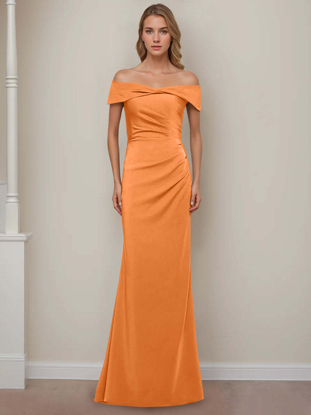Off-the-Shoulder Short Sleeve Floor-Length Mother of the Bride Dress with Ruffles in Sheath/Column Style-BMbridal