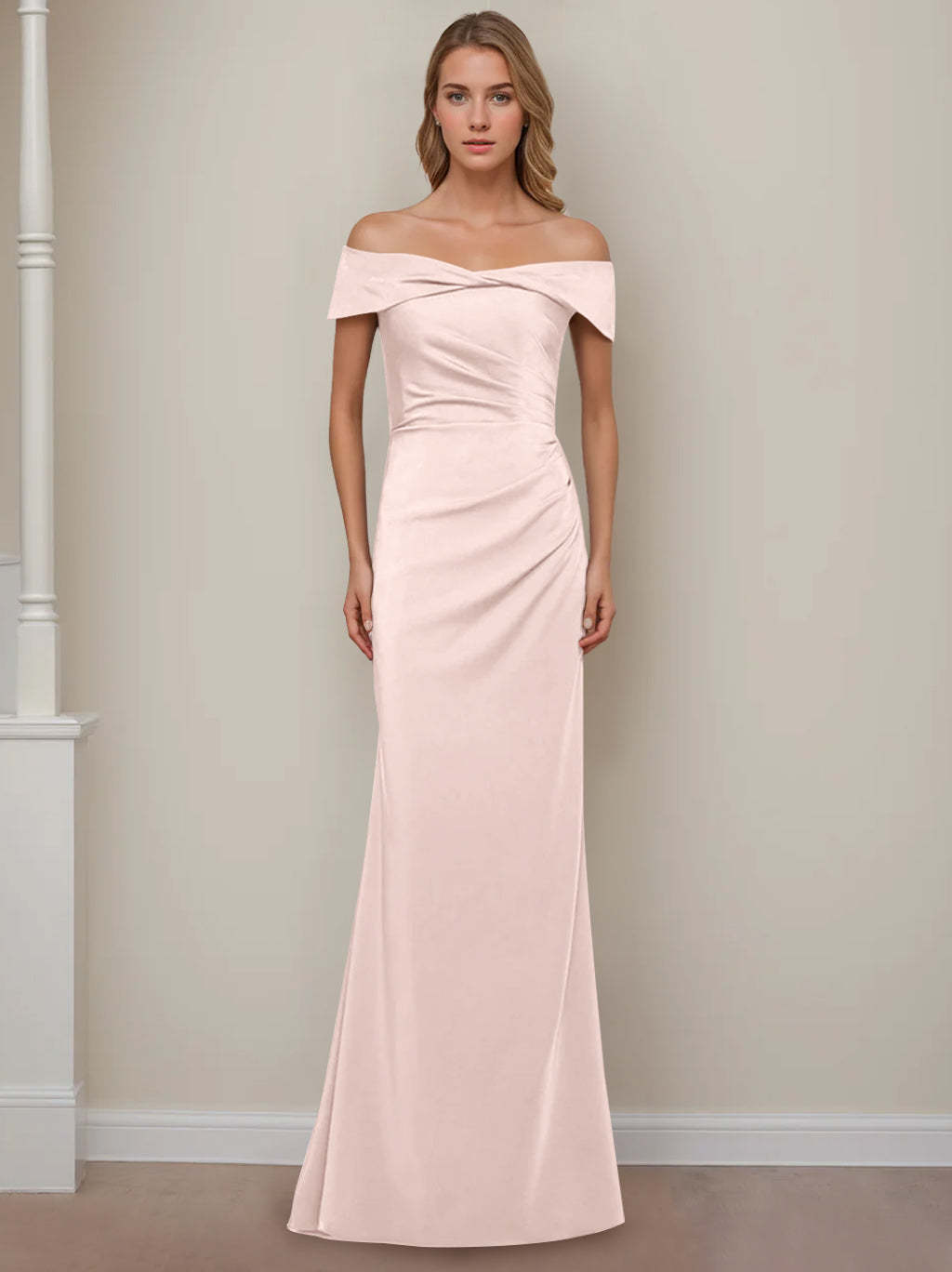 Off-the-Shoulder Short Sleeve Floor-Length Mother of the Bride Dress with Ruffles in Sheath/Column Style-BMbridal